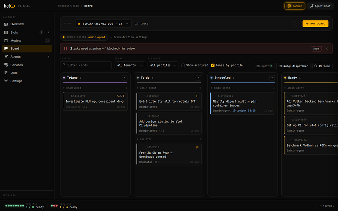 The hal0 Operator Board — a Hermes-backed kanban tracking agent tasks from Triage through Done, with an Archived lane hidden by default